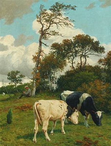 Grazing Cows With The Farmer In The Background Oil Painting by Poul Steffensen