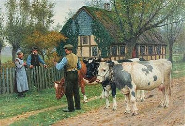 Farmers Get To Chat In A Village Oil Painting by Poul Steffensen