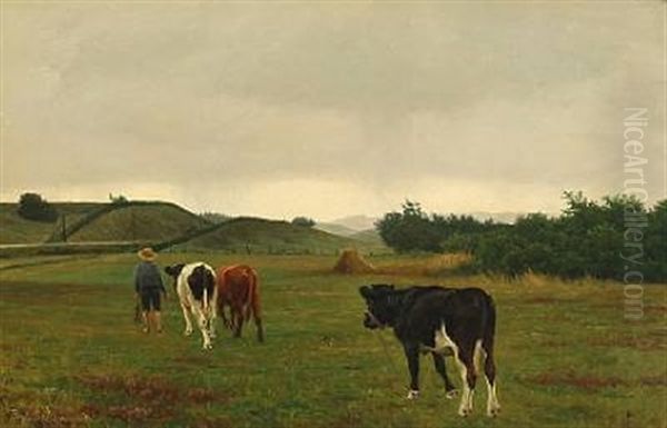 A Boy Pulling Cows On Field Oil Painting by Poul Steffensen