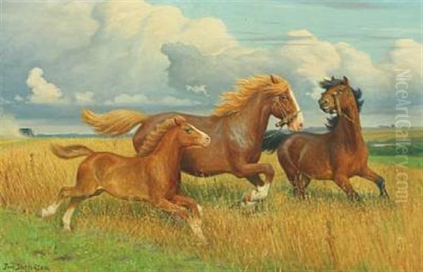 Horses In The Field Oil Painting by Poul Steffensen