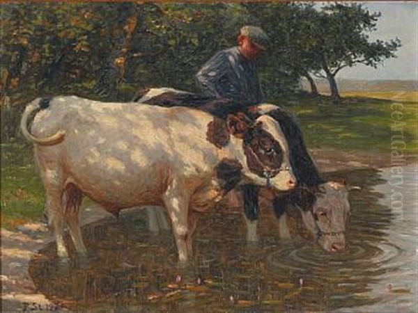 A Farmer With His Cows Oil Painting by Poul Steffensen