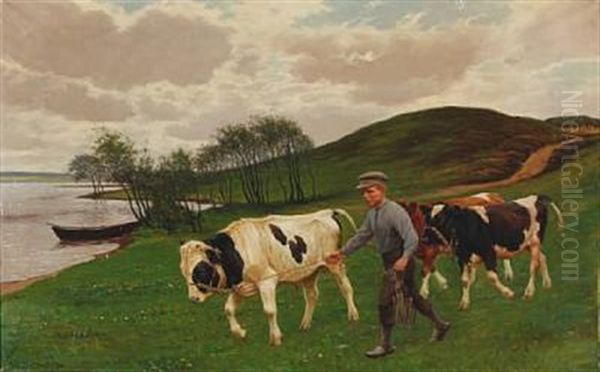 A Boy Pulls The Bull Calves On Grass Oil Painting by Poul Steffensen