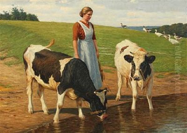 A Girl, Geese And Calves On The Field Oil Painting by Poul Steffensen