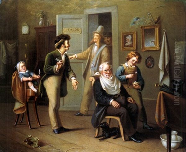 Beim Barbier Oil Painting by August Wilhelm Ludolf Stegmann