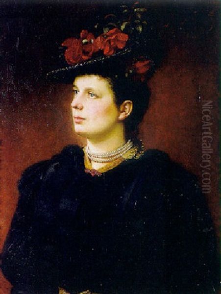 Portrait Einer Hubschen Frau Mit Blumengeschmucktem Hut Oil Painting by August Wilhelm Ludolf Stegmann