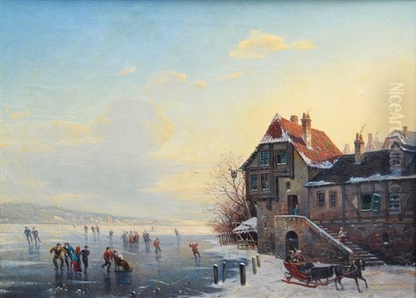 Skaters On A Frozen River Oil Painting by Franz Stegmann