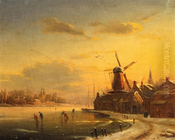 Winterabend Vor Einem Hollandischen Stadtchen Oil Painting by Franz Stegmann