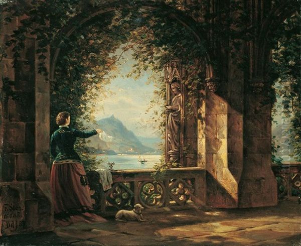 Abschied. Rheinlandschaft Mit Winkender Frau Auf Einem Soller. Oil Painting by Franz Stegmann