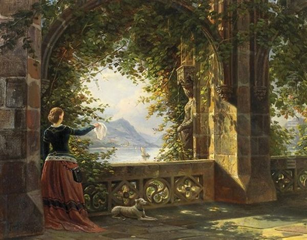 Der Abschied. Junges Burgfraulein Auf Gotischem Balkon, Mit Einem Tuche Winkend. Im Hintergrund Die Kulisse Des Siebengebirges Mit Dem Dachenfels (?) Oil Painting by Franz Stegmann