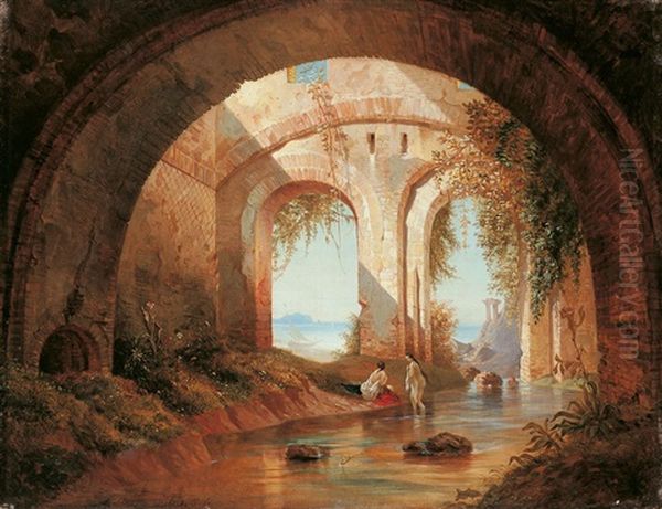 Badende Frauen In Einer Grotte An Der Mittelmeerkuste Oil Painting by Franz Stegmann