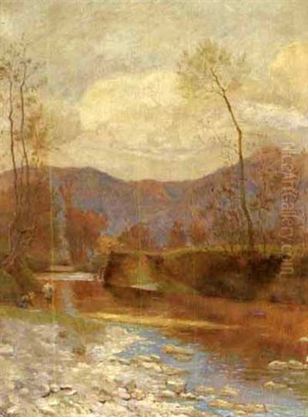 Flusslandschaft Mit Zwei Angelnden Jungen Oil Painting by Gustav Von Steiger