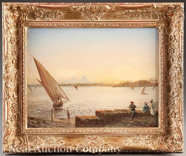 View Of The Nile And Great Pyramids Of Giza, Cairo, Egypt Oil Painting by Heinrich Stein