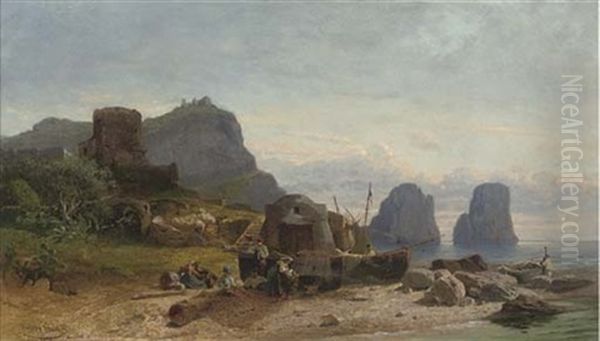 Fisherfolk Before I Faraglioni, Capri Oil Painting by Heinrich Stein