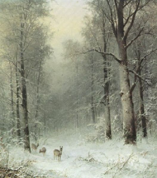 Winterliche Waldlandschaft Mit Rehen Auf Kleinem Weg Oil Painting by Anton Victor Steinach