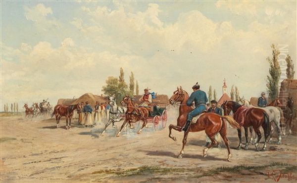 Horse Market At Arad In Hungary Oil Painting by Alfred (A. Stone) Steinacker