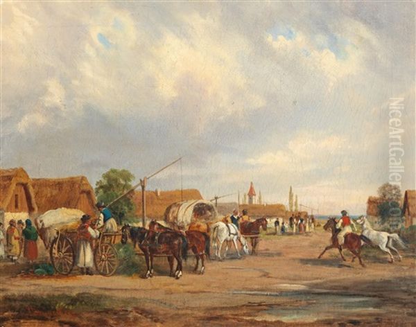 Hungarian Village In The Puszta Oil Painting by Alfred (A. Stone) Steinacker