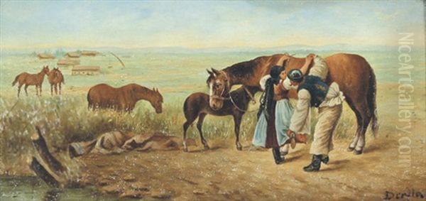 Pusztalandschaft Mit Bauernpaar Bei Ihren Pferden Oil Painting by Alfred (A. Stone) Steinacker