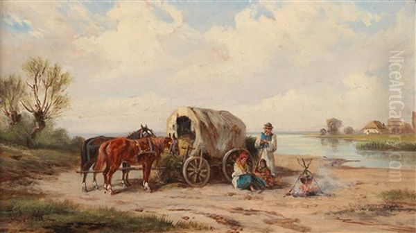 Gypsies Resting By The Theiss In Hungary Oil Painting by Alfred (A. Stone) Steinacker