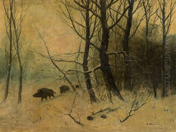 Boars Oil Painting by Eduard Steinbach