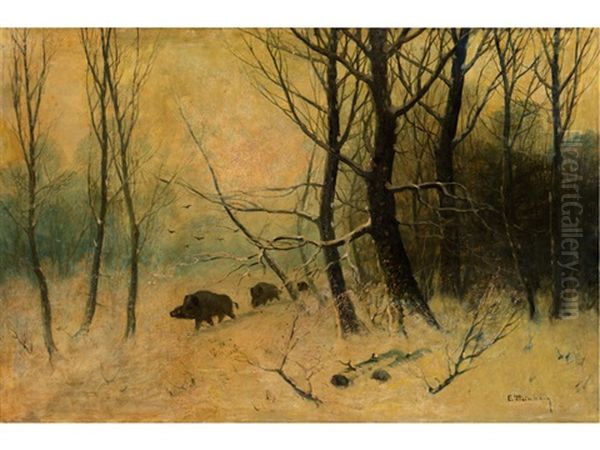 Winterwald Mit Wildschweinen Oil Painting by Eduard Steinbach