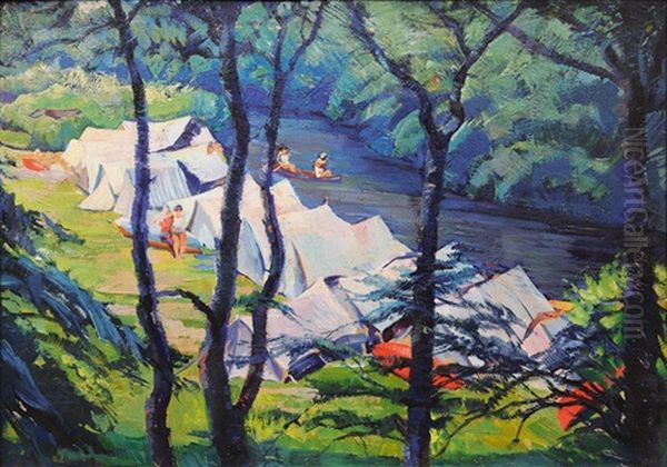 Tents And Canoeists At The Upper Alster Oil Painting by Eduard Steinbach