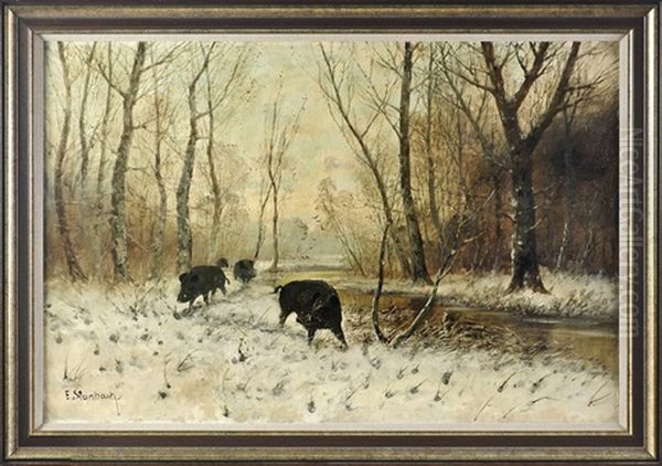 Wildschweinrotte In Verschneiter Landschaft Oil Painting by Eduard Steinbach