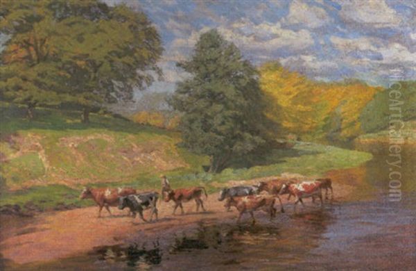 Fluslauf Mit Kuhen An Der Tranke Oil Painting by Eduard Steinbach