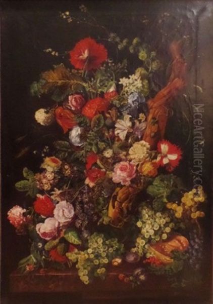 Bouquet De Fleurs, Raisins Et Melon Sur Un Entablement Oil Painting by Agnes Steiner