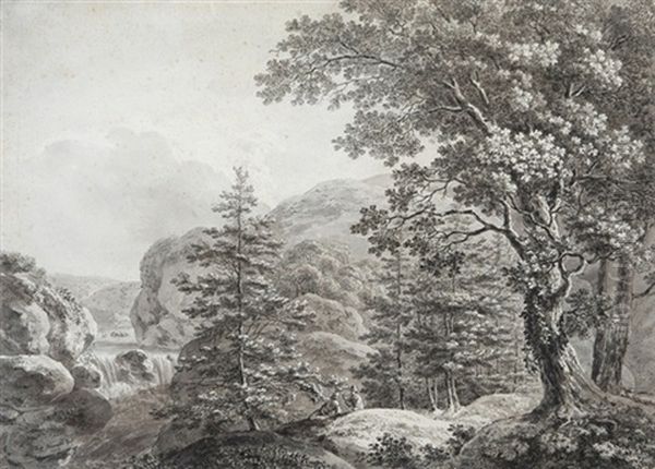 Bewaldete, Felsige Flusslandschaft Mit Zwei Ruhenden Wanderern Oil Painting by Johann (Hans Konrad) Steiner