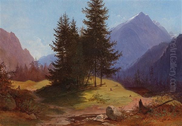 Landscape With Group Of Trees And Woodcutters Oil Painting by Franz Steinfeld