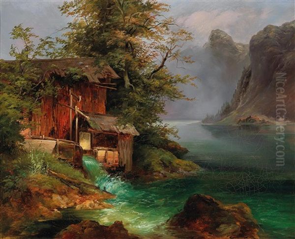 Mill On Lake Hallstatt Oil Painting by Franz Steinfeld