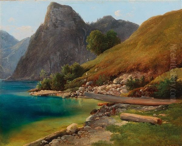 A View Of Mount Sonnstein By Lake Traunsee Oil Painting by Franz Steinfeld