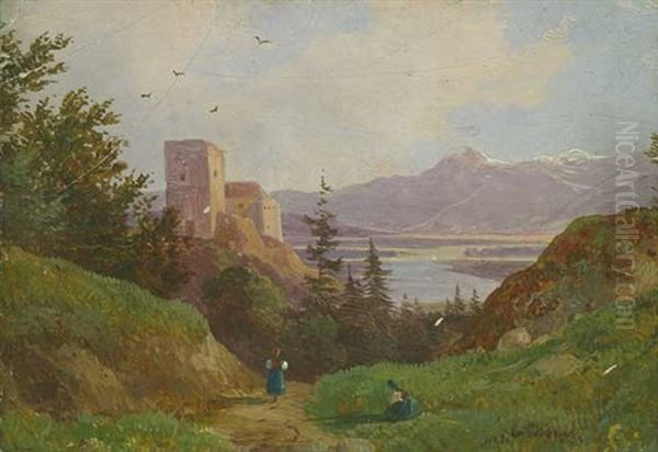 Alpenlandschaft Mit See U. Ruine Oil Painting by Franz Steinfeld