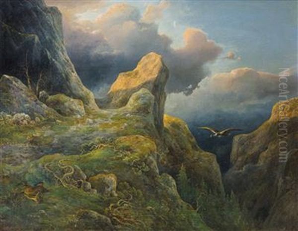 Ankommender Bartgeier In Abendlicher Heroischer Gebirgslandschaft Mit Verungluckter Gemse Oil Painting by Wilhelm Steinfeld