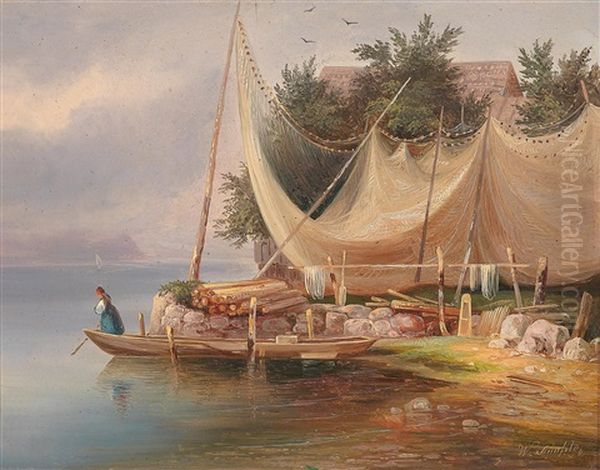 Fishing Hut By The Lake Oil Painting by Wilhelm Steinfeld