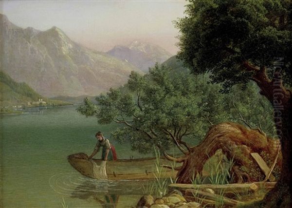 Idealisierte Salzkammergut-seelandschaft Mit Wascherin In Zille Oil Painting by Wilhelm Steinfeld