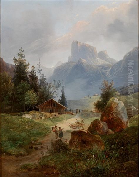 Prachtvolle Gebirgslandschaft Mit Aufragendem Massiv, Im Vordergrund Alm Mit Figurenstaffage Oil Painting by Wilhelm Steinfeld