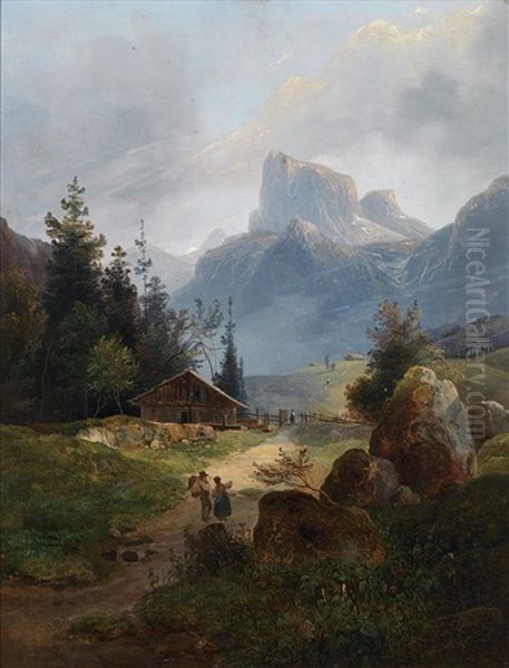 Gebirgslandschaft Mit Aufragendem Massiv, Im Vordergrund Alm Mit Figurenstaffage Oil Painting by Wilhelm Steinfeld