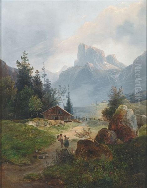 Prachtvolle Gebirgslandschaft Mit Aufragendem Massiv, Im Vordergrund Alm Mit Figurenstaffage Oil Painting by Wilhelm Steinfeld