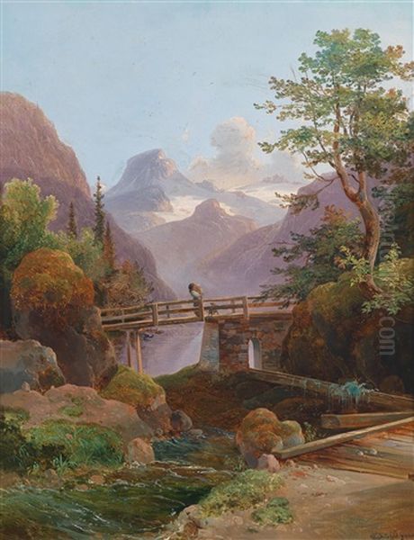 Hochgebirgslandschaft Mit Einer Mutter Und Ihrem Kind Als Staffage Auf Einem Steg Oil Painting by Wilhelm Steinfeld