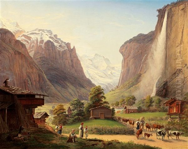 Idyllic Landscape In The Lauterbrunnental Oil Painting by Joseph Steingrubel