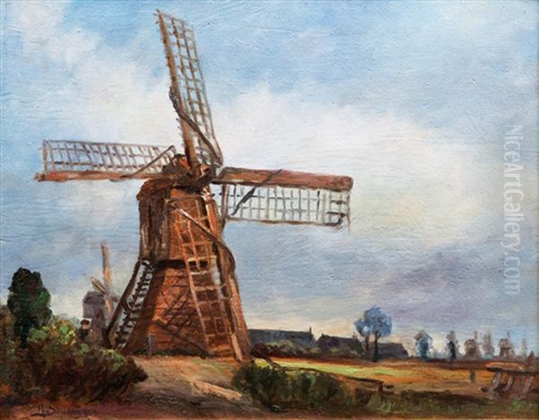 Two Mills Oil Painting by Heinrich Steinhagen