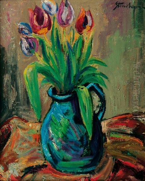 Tulips In A Jar Oil Painting by Heinrich Steinhagen