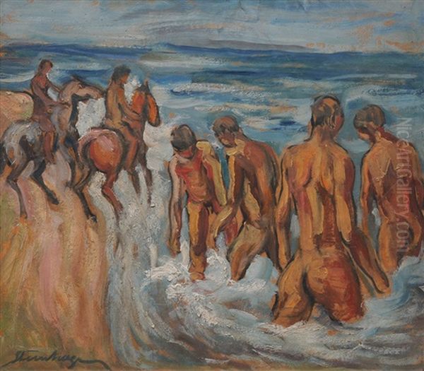 Bathers And Riders On The Beach Oil Painting by Heinrich Steinhagen