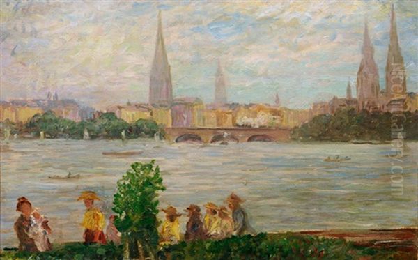 View Of The Ausenalster On Hamburg Oil Painting by Heinrich Steinhagen