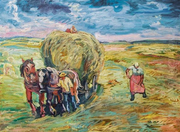 Hay Harvest Oil Painting by Heinrich Steinhagen