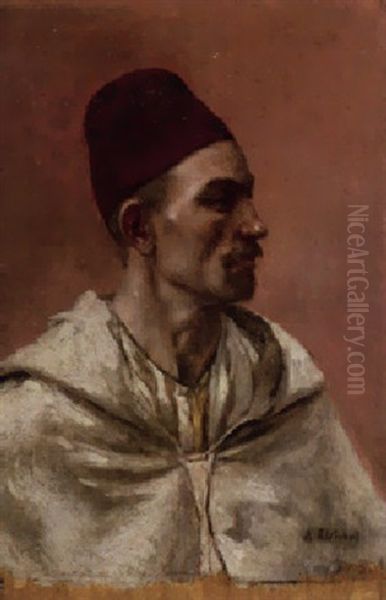 Portrait D'homme A La Chechia Rouge Oil Painting by Adolphe Charles Edouard Steinheil