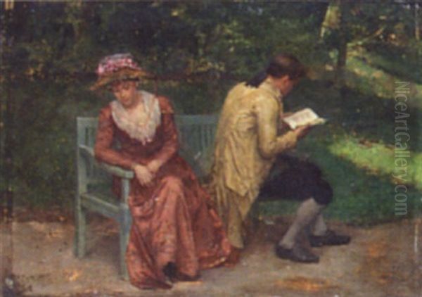 Sharing A Garden Seat Oil Painting by Louis-Charles-Auguste Steinheil