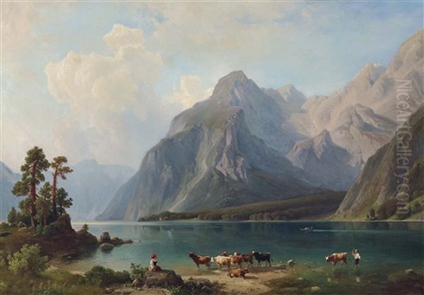 Cattle Herders On The Shore Of Lake Konigssee Oil Painting by Heinrich Steinike