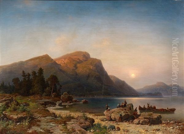 Sunset On The Banks Of A Mountain Lake Oil Painting by Heinrich Steinike